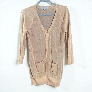 Olivia Sky Open Knit Longline Cardigan Tan Lightweight Button Front Sweater M